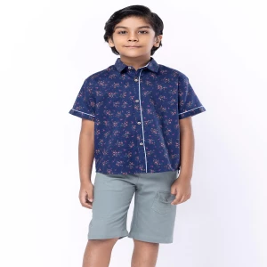 Blue Printed Cotton Shirt Pant Set